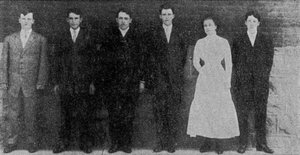 1910 PRHS GRADUATING CLASS: (Left to Right): Hugh Groninger, Stanley Kerchner, Clinton Rodgers, Raymond Patterson, Margaret Frankhouse Beaver Lyter and Ralph Patterson.